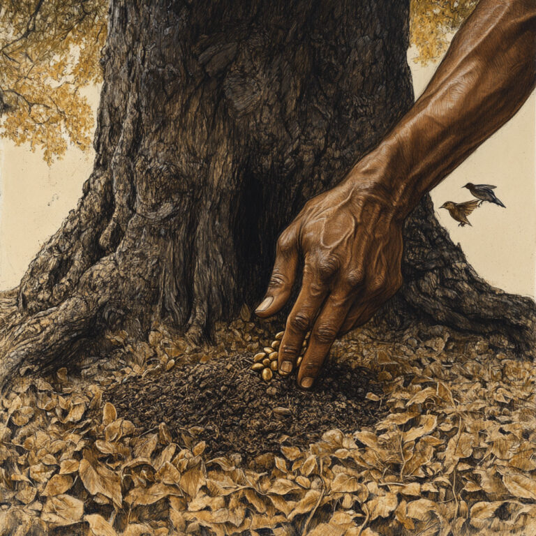 A hand planting a mustard seed at the base of a great tree